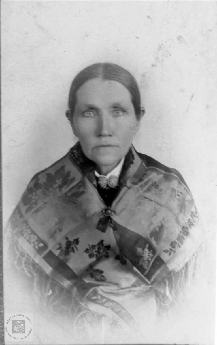 Portrett av eldre kone med silkesjal. Mari Øydneskleiv, Konsmo.