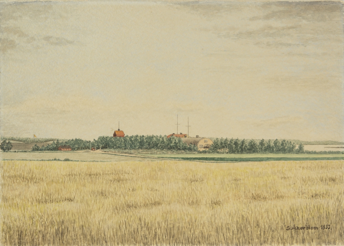 Akvarellmålning föreställande F2 Hägernäs. Målningen är signerad S. Åkerblom 1933 och inramad med en rödbrun träram. 2006 saknas ramen.