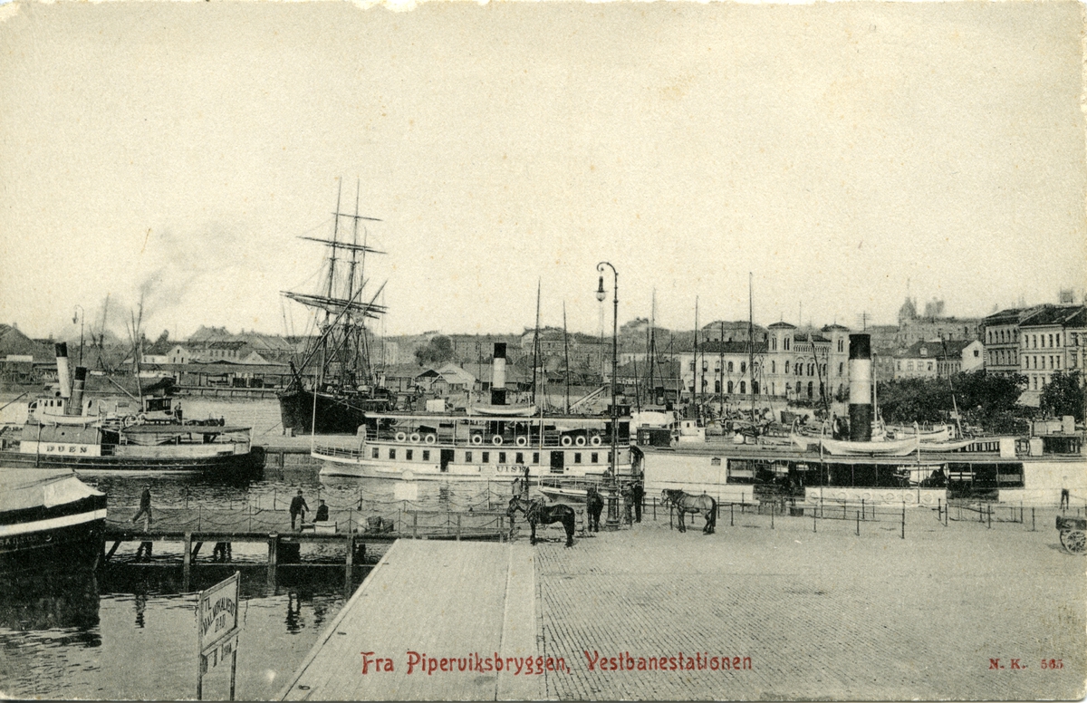 Pipervikbrygga før 1908, med seilskip, dampskip, båter og hester