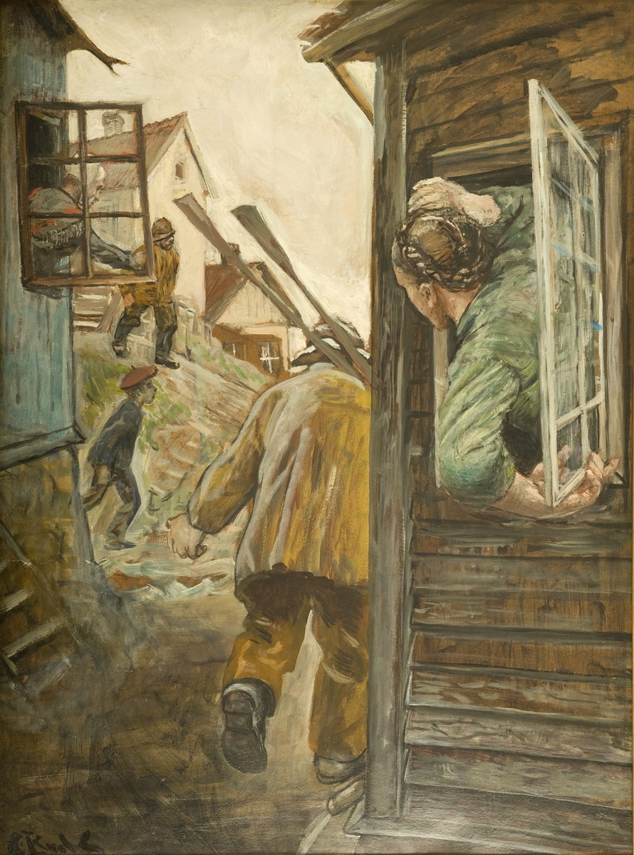 To kvinner i hvert sitt hus, lener seg ut av vinduene for å se sine sjøkledde menn gå avgårde, en av dem med årer over den ene skulderen. 