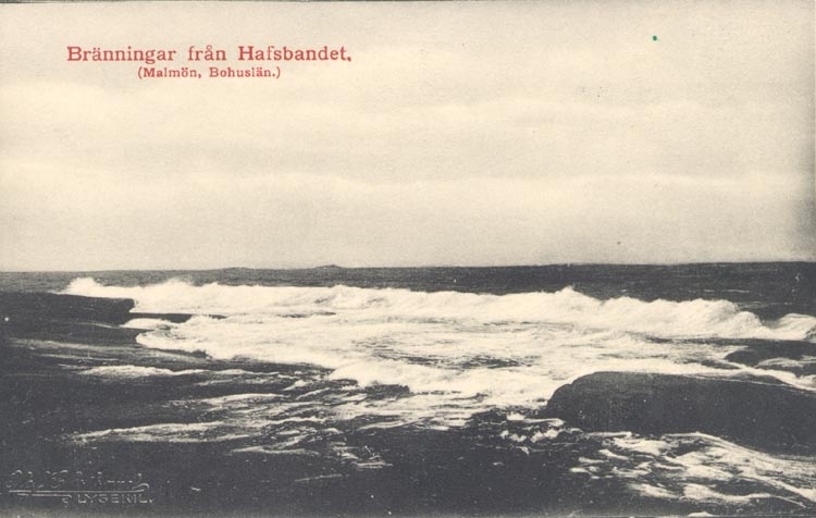 Tryckt text på kortet: "Bränningar från Hafsbandet. (Malmön, Bohuslän)". 
"FOTO. OLOF EKSTRAND, LYSEKIL 1910".