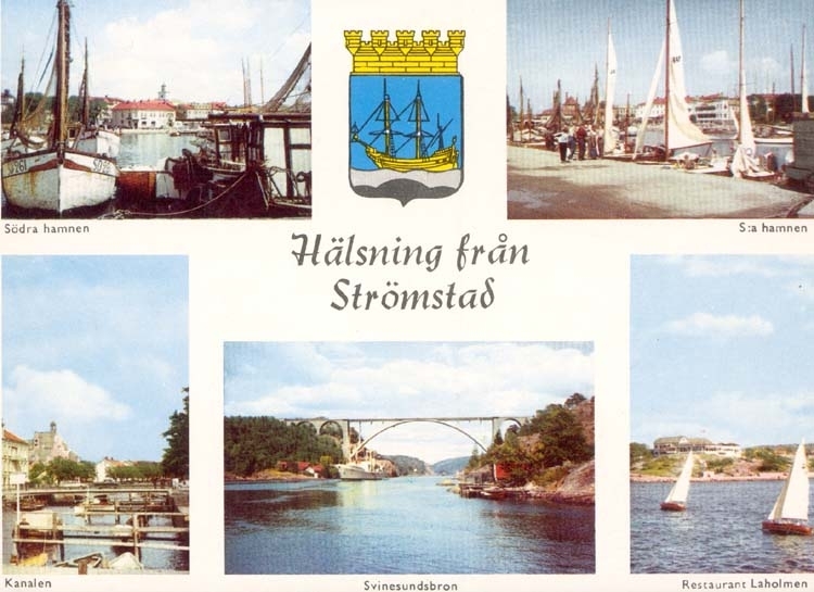 Tryckt text på kortet: "Hälsning från Strömstad." 
"Södra hamnen, S:a hamnen, Kanalen, Svinesundsbron, Restaurant Laholmen."