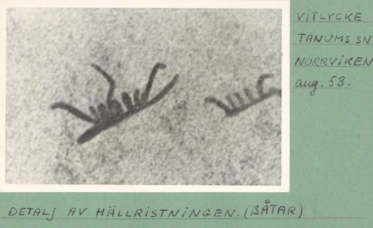 Noterat på kortet: "Vitlycke Tanums Sn. Norrviken. aug.1953."
"Detalj av hällristningen. (båtar)."
