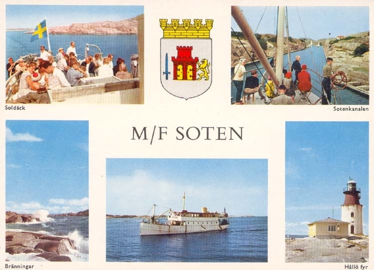 Tryckt text på kortet: "M/F Soten."
"Soldäck, Sotenkanalen, Bränningar, Hållö fyr."
"Ultraförlaget A.B. Solna."