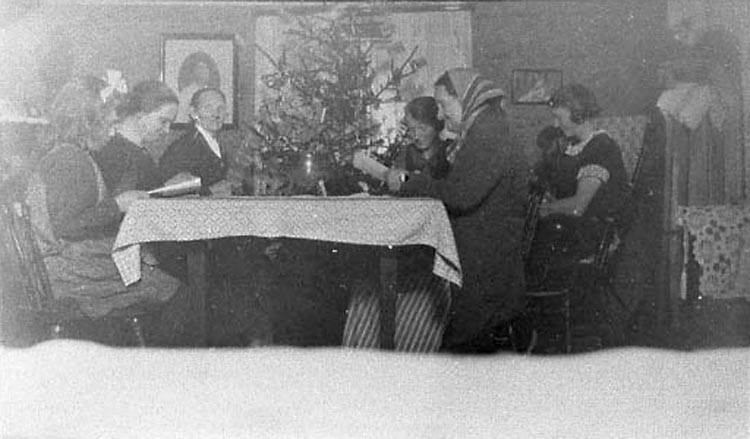 Bildtext till kopian i fotoalbumet:

"Julen 1924.
Fr. vän: Asta Henriksson - Holgersson f. 1916, Dora Henriksson f. 1888, Lina, Berta Henriksson - Dahlborg f. 1892, Sofia Åller - Henriksson f. 1852 Jenny Henriksson - Lindqvist f. 1894".