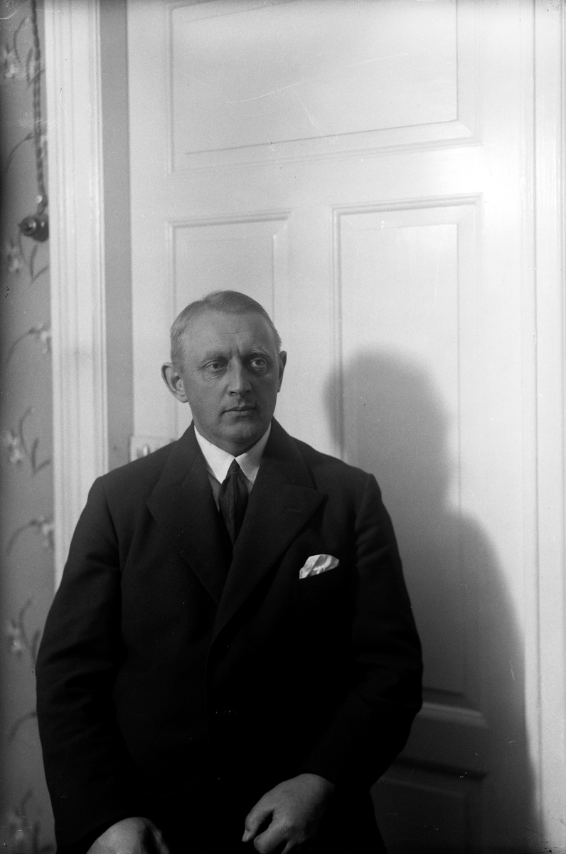 Porträtt av en man i kostym framför en dörr.