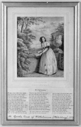 Litografiskt tryck förställande en kvinna som gömmer ett brev i en stenmur. Litografin är inramad tillsammans med en dikt, Brefgömman av Wilhelmina Stålberg ur Lyriska toner 1843.