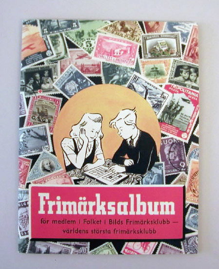 Frimärksalbum, häfte, utgivet för medlemmarna i Folket i
Bilds frimärksklubb. Albumet täcker in de flesta av dåtidens
nationalstater.