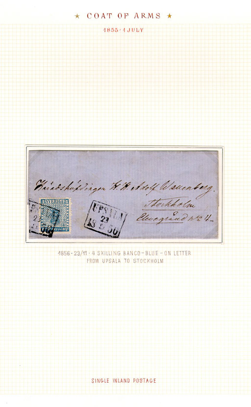 Albumblad innehållande 1 monterat frankerat brev

Text: 1856-23/11 - 4 Skilling Banco - blue - on letter from Uppsala
to Stockholm.   Single inland postage

Stämpeltyp: Normalstämpel 7
