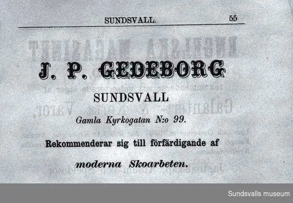 Annons för J P Gedeborgs skomakeri.