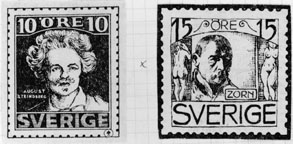 Tävlingsförslag till nya frimärken (svenska). Tävling arrangerad av Svenska Dagbladet 1934. Två förslag visande August Strindberg, valör 10 öre till vänster. och Anders Zorn, valör 15 öre till höger.