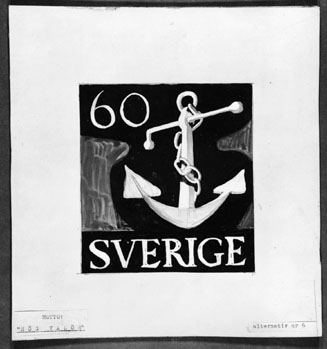 Ej realiserade förslag till nya frimärkstyper 1951. Konstnär: Lars Norrman. Motto: "Hög valör". 6. Ankare. Valör 60 öre.