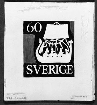 Ej realiserade förslag till nya frimärkstyper 1951. Konstnär:  Lars Norrman. Motto: "Hög valör". 5. Vikingaskepp. 
Valör 60 öre.