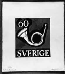 Ej realiserade förslag till nya frimärkstyper 1951. Konstnär: Lars Norrman. Motto: "Hög valör". 2. Posthorn.
Valör 60 öre.
