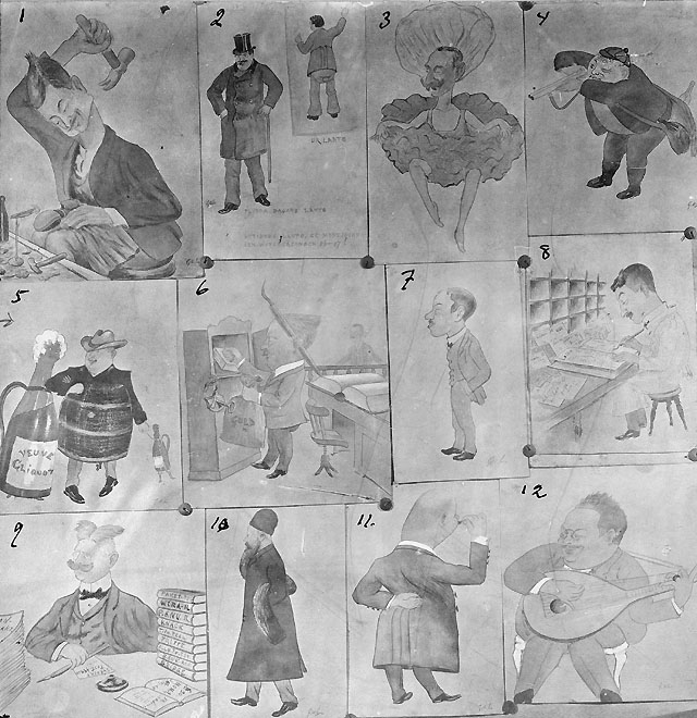 Karikatyr av tolv postexpeditörer i Mellersta Distriktet under tiden omkring 1901 - 1910.