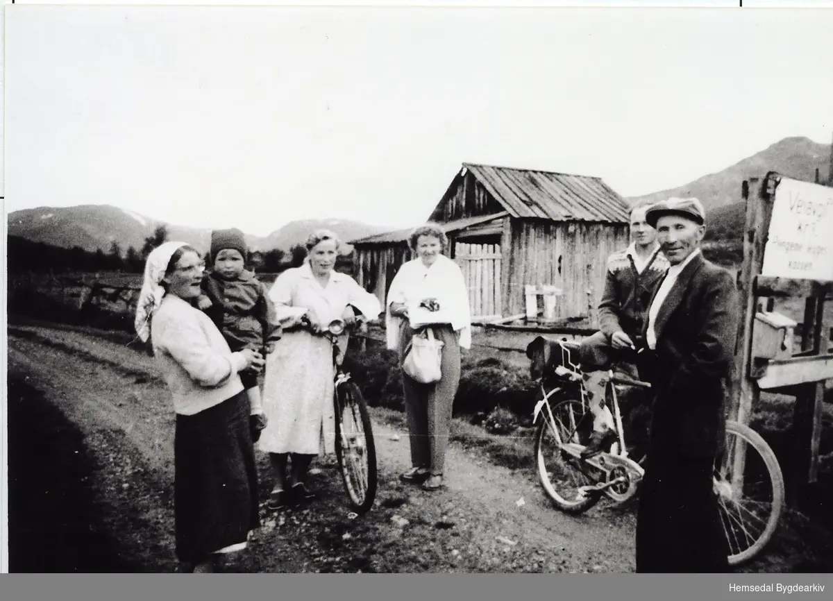 På veg til Bulien i Hemsedal i 1959.
Frå venstre: Kari Bråten med Kjell Ove Anderdal, Margit Anderdal, Alfhild Sæther (bydame), Ola Anderdal og Knut Bråten.