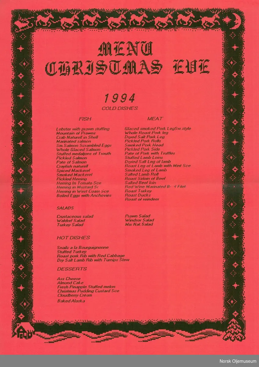 Engelsk meny for julaften 1994 på Frigg QP.
 
