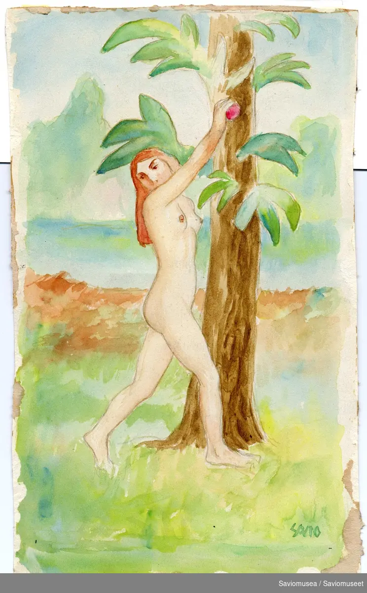 En naken kvinne strekker seg etter et eple i et tre. Eva i paradiset.