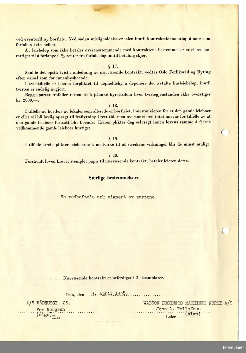3.7  IBM - Bygg og eiendomsavdeling -  leiekontrakt mellom Watson Business Machines A/S og A/S Rådhusgt 23. 9 april 1938