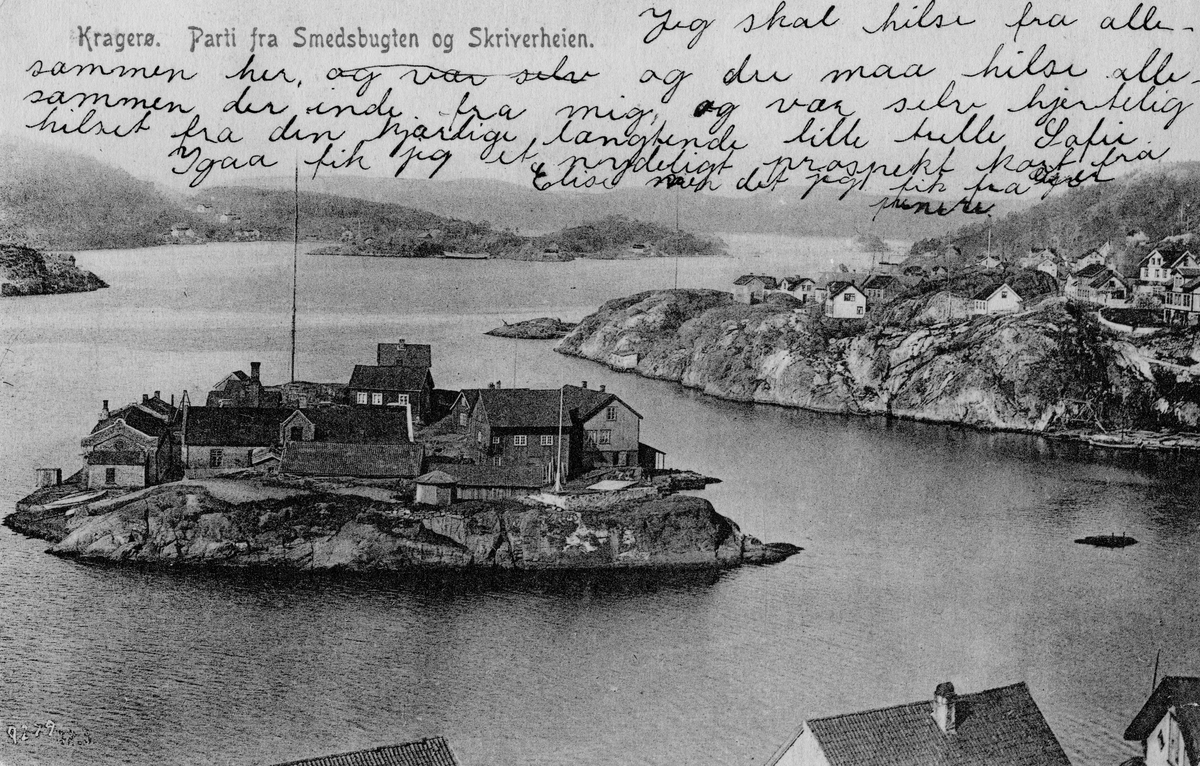 Postkort fra Kragerø. Utsikt over Gunnarsholmen og Skrubben