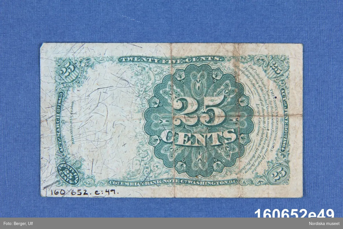 Sedel från USA. Columbian Bank Note Co Washington D.C.,"Series of 1874", 25 cents fractional currency.