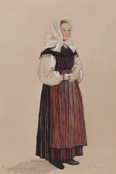 "Lima" . Kvinna i dräkt. Akvarell av P Södermark 1850.