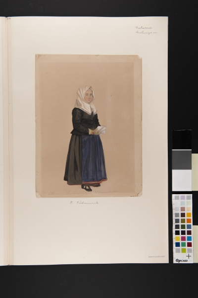 "Malung,  Kyrkdrägt" Kvinna i kyrkdräkt. Akvarell av P Södermark 1850.