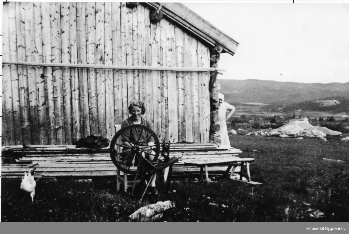 Bydame ved rokken på Ulsåkstølen, 62/3 i Hemsedal. Margit Ulsaker (1883-1974) på hjørna.