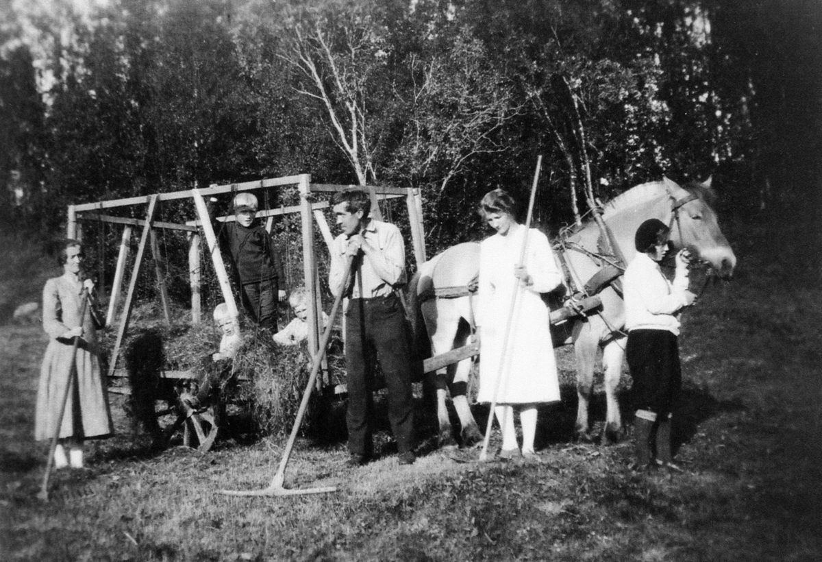 Familien Listau med hest og vogn i slåttonna.