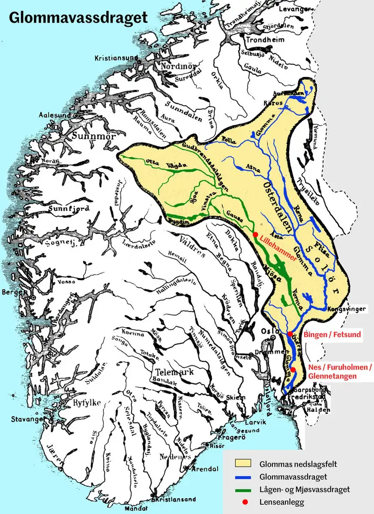 Kart over Glommas nedslagsfelt.