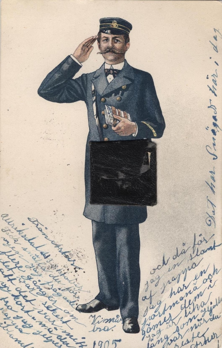 Brevkort med motiv av en brevbärare med en öppningsbar postväska i vilken ett miniatyrbrev är placerat.