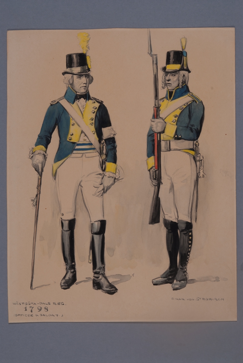 Plansch med uniform för soldat och officer vid Västgöta-Dals regemente för år 1798, ritad av Einar von Strokrich.
