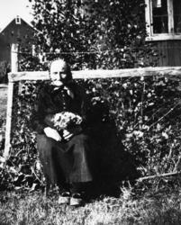 Jette Emilie sitter ved hagegjerdet. Vangsvik ca 1930.