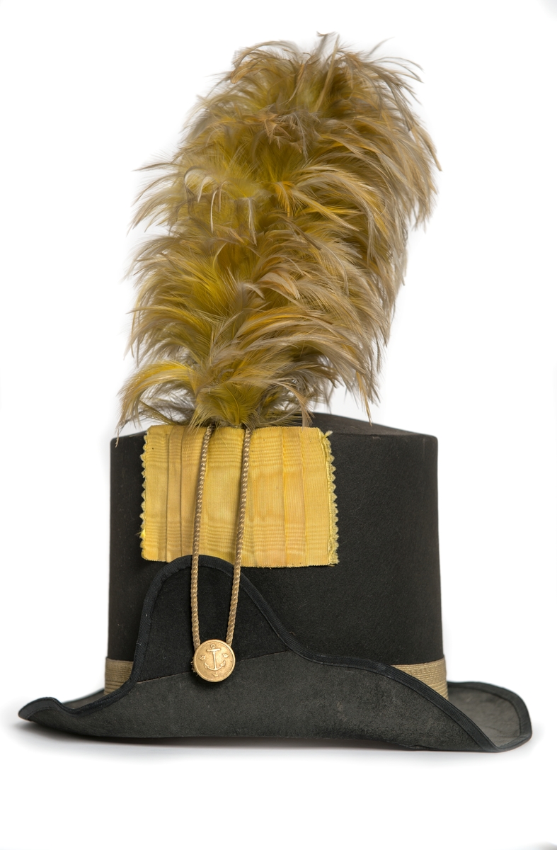 Hatt med plym. Cylinderformad av svart kläde med smal brätte, uppvikt på högra sidan för knapp och guldträns till gult sidenband. Fodrad med mörkrött siden, röd svettrem, bred guldgalon runt hatten. Plym av gula hönsfjädrar.