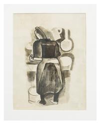 Kvinne ved ovn [Tusjtegning]