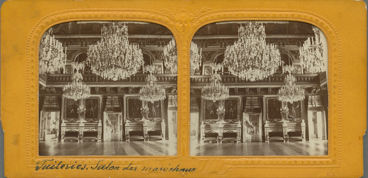 Stereobild med motiv från slottet Le Palais de Tuileries, Paris. Palatset förstördes i en brand 1871.