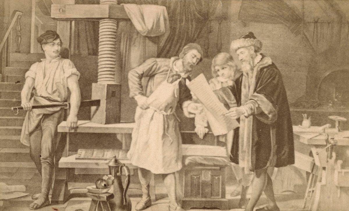 Boktryckerikonstens uppfinnare Johann Gutenberg i sin verkstad. Illustration från 1860-talet.