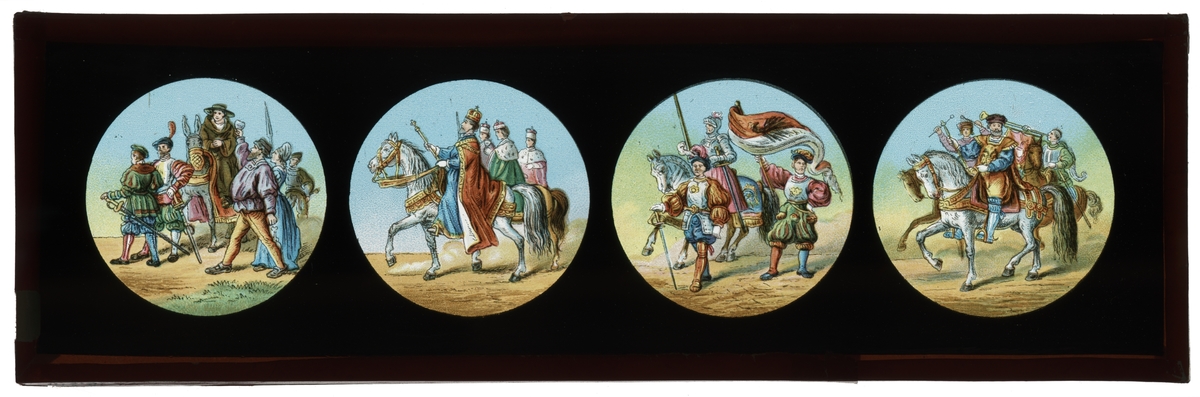 Målad bild på glas för Skioptikon/Laterna magica.
Motiv av konungen och soldater.