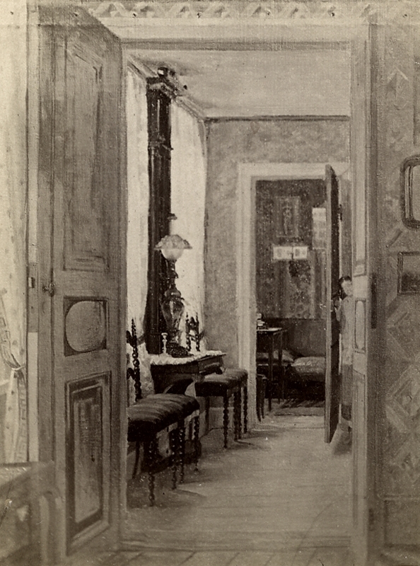 Målning av Wilhelmina Lagerholm från 1871.
Interiör från Lagerholmska bostaden, Norra Smedjebacken, Örebro. Juliana Lagerholm vid dörren.