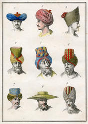 Tegning som viser ulike mannlige hodeplagg
