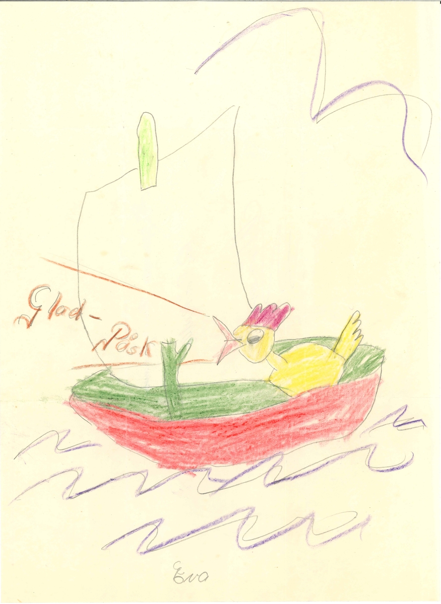 Påskbrev med en kyckling som sitter i en båt och ropar Glad Påsk.

På teckningen står:
Glad-Påsk!
Eva

På baksidan står:
Påskgumman Karin Johansson
Blåkulla
Månen

Brevet har varit vikt.
