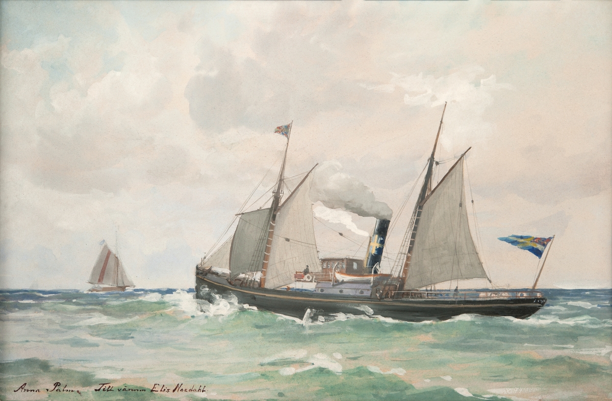 Ångfartyget "ASKUR”, till sjöss, med satta segel, babords sida. Skorstensbälte med gult kors på blå botten.