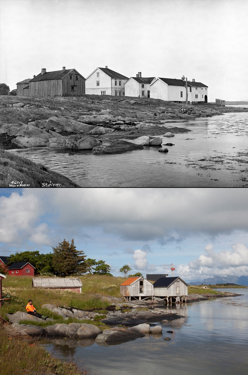 Refotografering. Skålvær i Alstahaug, Nordland. Fotografert 1938 og 2015. Det gamle handelsstedet er borte, og båthus, uthus og trær har tatt over.