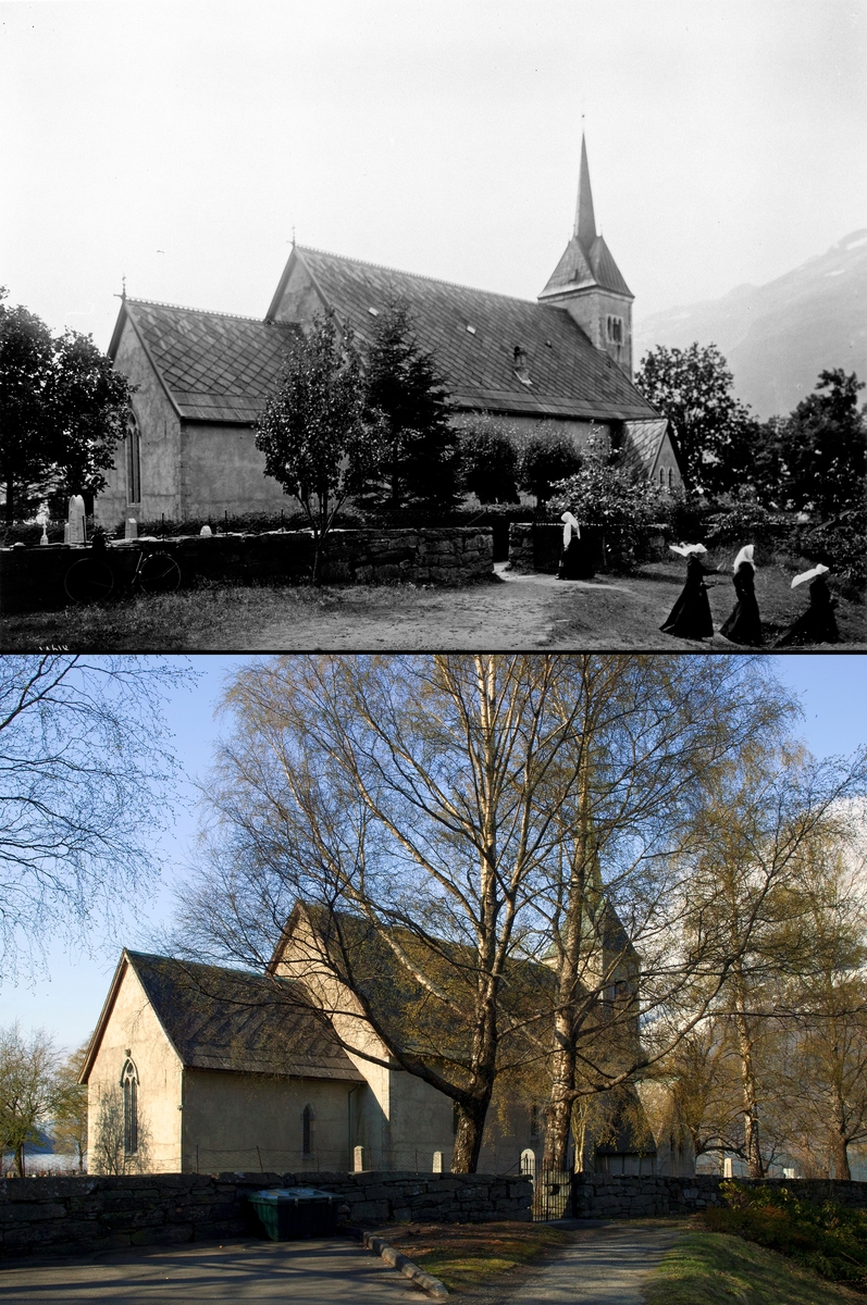 Refotografering. Ullensvang kirke i Hordaland. Fotografert 1912, med kirkekledde kvinner i forgrunnen, og 2005.