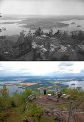 Refotografering. Tre mennesker står på Kongens utsikt og er 