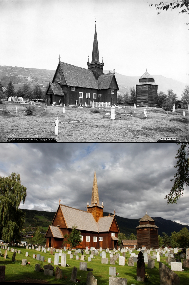 Refotografering. Vågå kirke har fått flere graver på kirkegården i 2014. Fotografert 1886 og 2014.