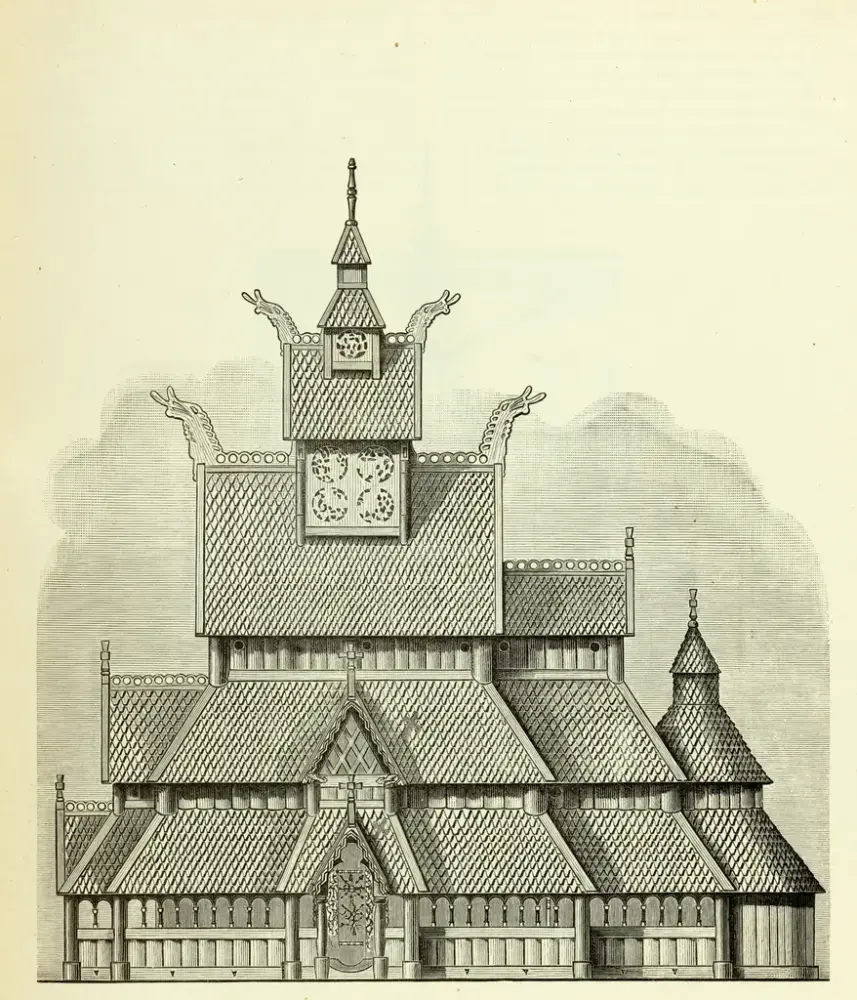 Xylografi av Stavkirken fra Gol i «Bygninger fra Norges middelalder hvilke Hans Maj. Kong Oscar Den Anden har ladet flytte til Bygdø Kongsgaard»