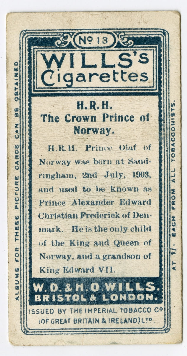 Innleggsbilde fra sigarettpakke med tegning av kronprins Olav. Will's Cigarettes.