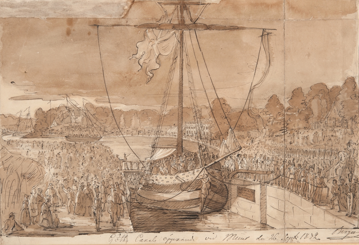 Göta kanals öppnande vid Mem 26 september 1832 med den kungliga lustjakten ESPLENDIAN inne i slussen med stor publik på båda slussidor. Kungliga jakten Esplendian drages genom slussen, omgiven av militär och folkmassa.
I bakgrunden skymtar i kanalen kanonsluparna ”Hektor” och "Neptunus”