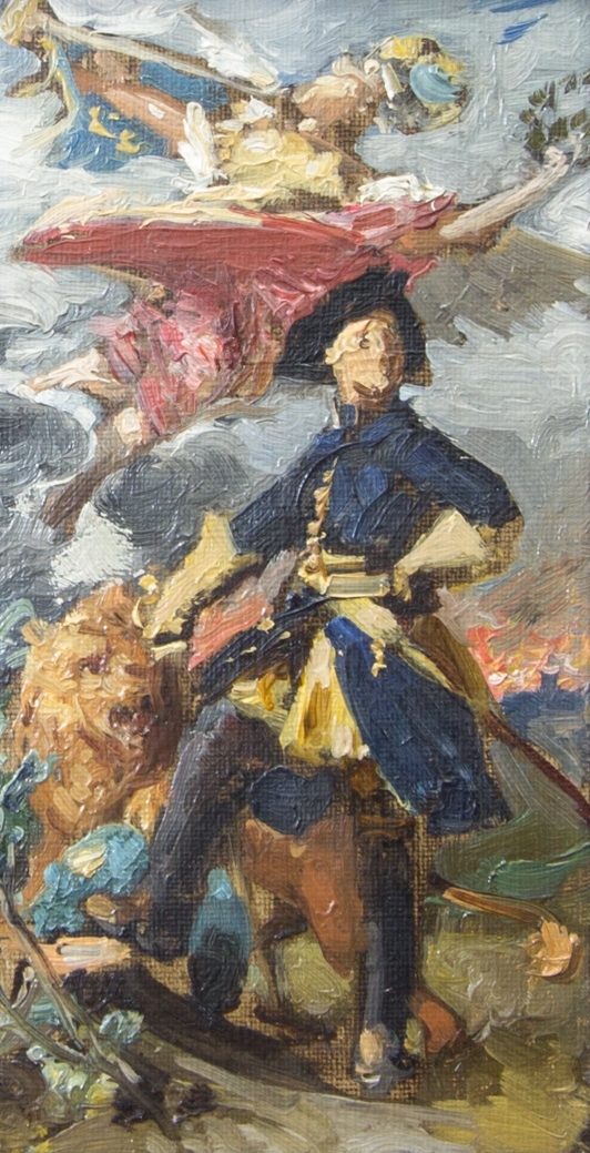 Karl XII, helfigur, stående med handen i ena sidan och pekande på ett lejon med den andra. Ovanför svävar Fama, eller motsvarande mytologisk figur. Skissartat utförande.